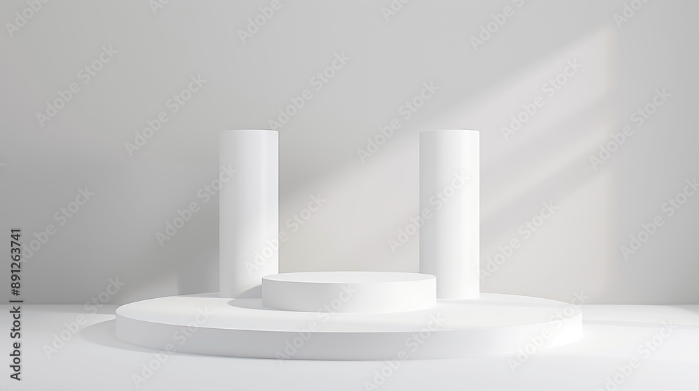 3d render of white podium with three vertical blocks on the round platform, 3d render of white podium with three vertical blocks on the round platform,