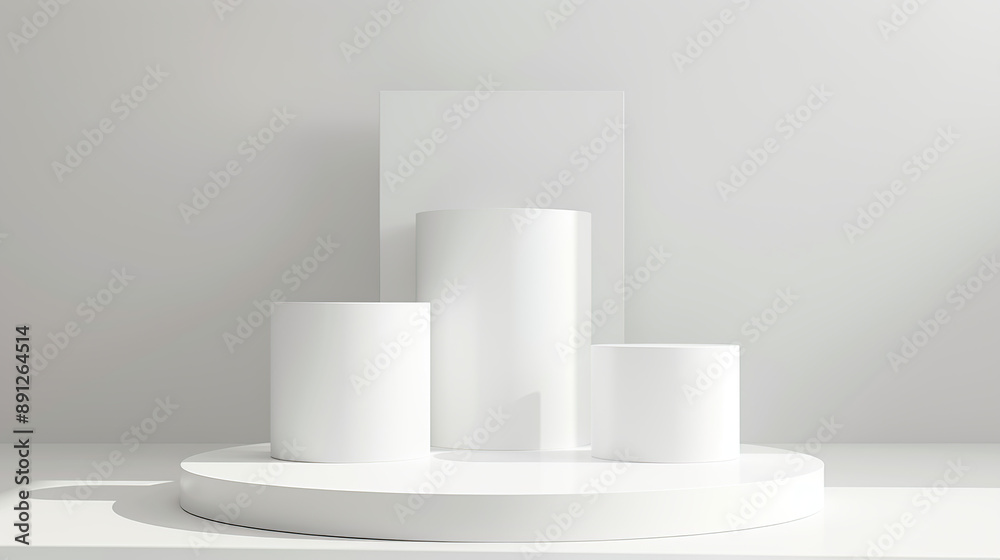 3d render of white podium with three vertical blocks on the round platform, 3d render of white podium with three vertical blocks on the round platform,