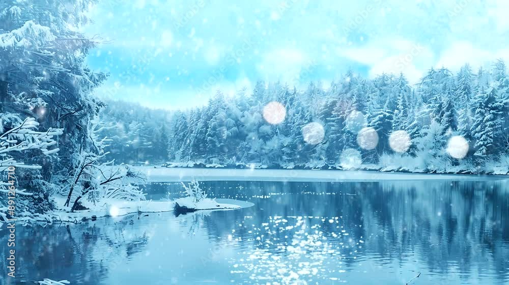 Peaceful winter sky and snowy landscape, serene and tranquil snowfall scene, seamless looping animation time lapse 4K