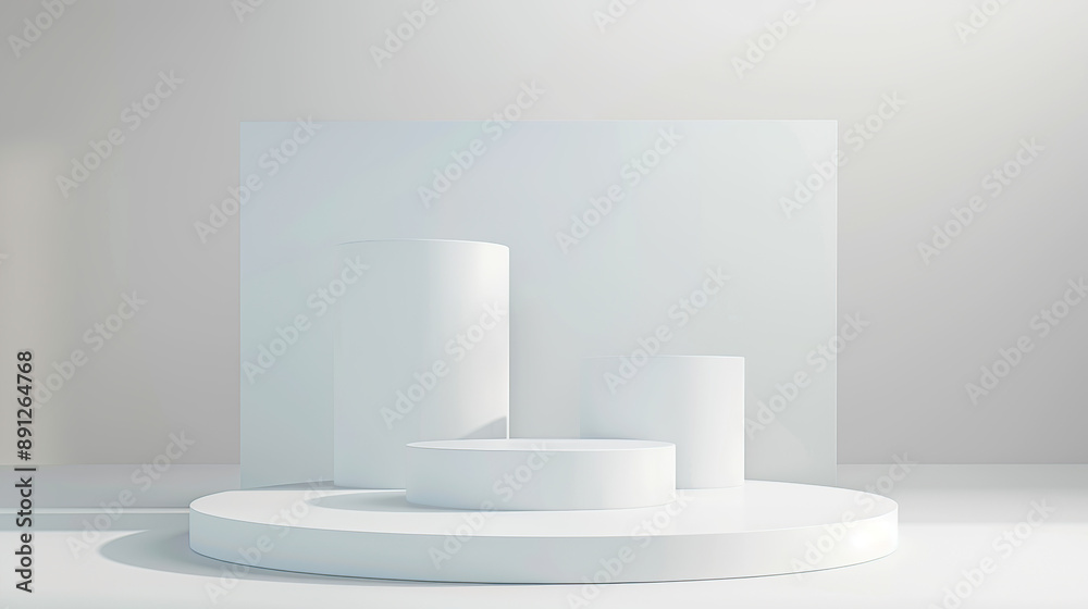 3d render of white podium with three vertical blocks on the round platform, 3d render of white podium with three vertical blocks on the round platform,