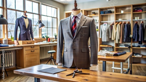 Elegant grey suit displayed on mannequin in a tailor shop