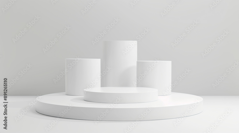 3d render of white podium with three vertical blocks on the round platform, 3d render of white podium with three vertical blocks on the round platform,