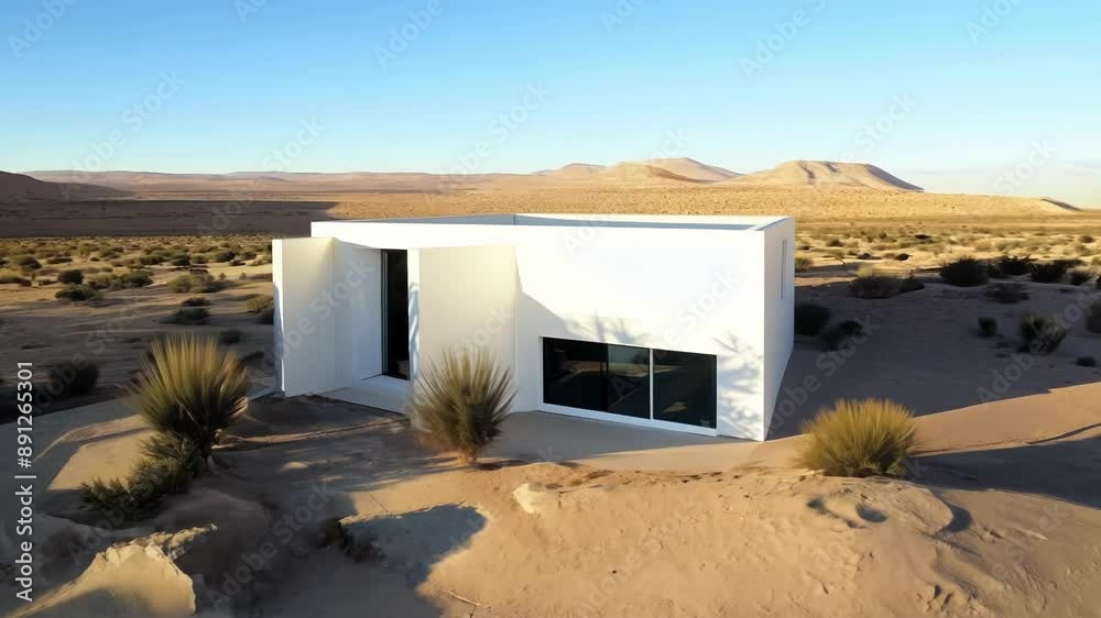 A modern white house with a flat roof and clean lines nestled in the desert.
