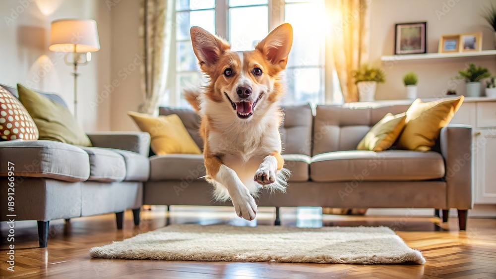 Happy dog jumping on rug in sunny living room Happy dog jumping on rug in sunny living room