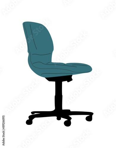 Modern office blue teal chair with soft seat. Desk mid-back swivel armchair design. Interior design element, icon. Flat vector illustration of elegant furniture isolated on transparent background.