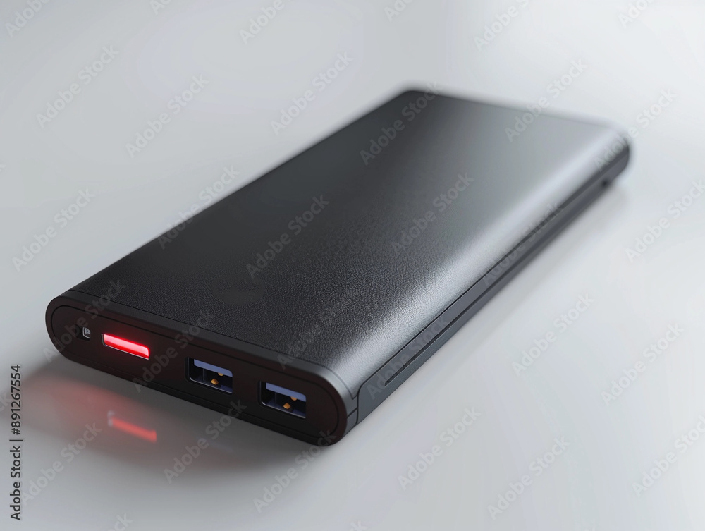 Black Power Bank Charging on White Surface Black Power Bank Charging on White Surface