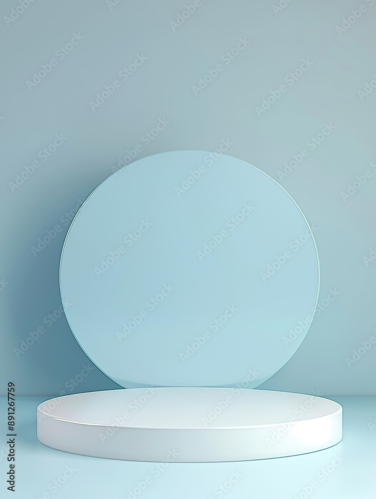 3D render of a simple white round empty podium platform on a light blue pastel background 3D render of a simple white round empty podium platform on a light blue pastel background