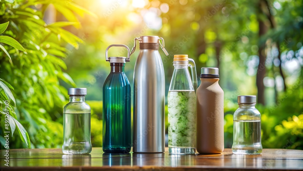 Reusable water bottles standing on a wooden table in the park Reusable water bottles standing on a wooden table in the park