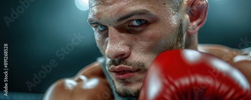Close-up of a handsome man in a boxing stance, poised and ready, realistic portrayal of his strength and technique, dramatic lighting, ultra-high-definition realism photo