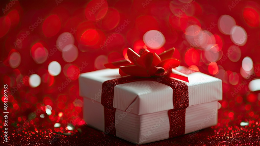 Bright red backdrop with a white gift box and red ribbon, close-up Bright red backdrop with a white gift box and red ribbon, close-up