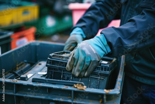 Close-up of a Gloved Hand Placing a Black Crate into a Blue Bin