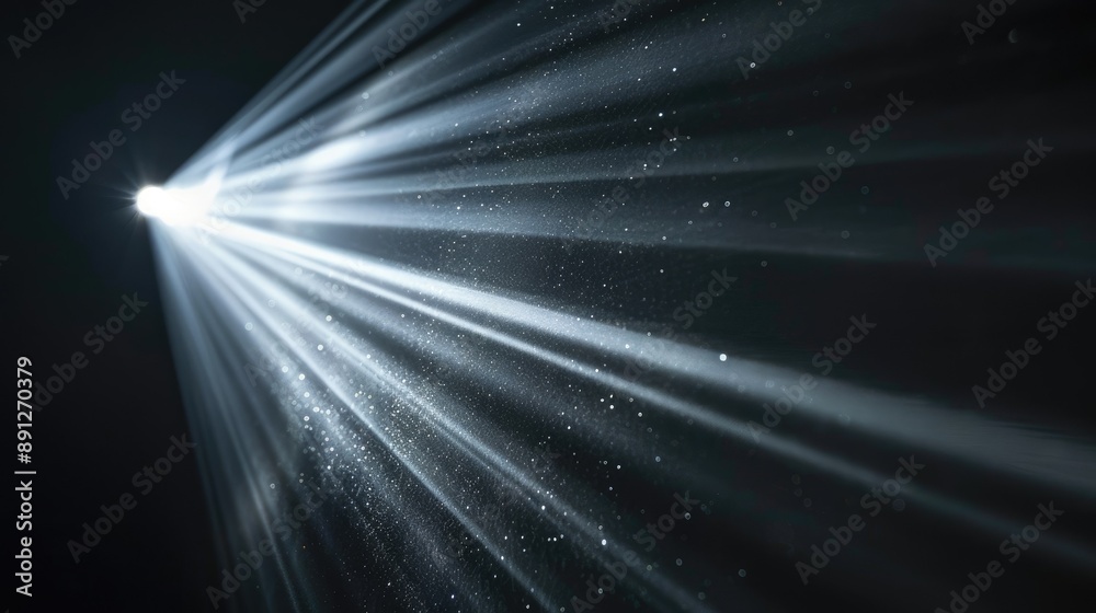 Close-up of a focused light beam cutting through darkness on black