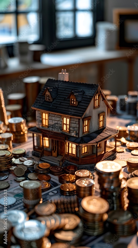 A miniature house model surrounded by coins in the background A miniature house model surrounded by coins in the background