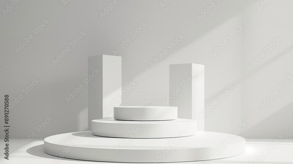 3d render of white podium with three vertical blocks on the round platform, 3d render of white podium with three vertical blocks on the round platform,