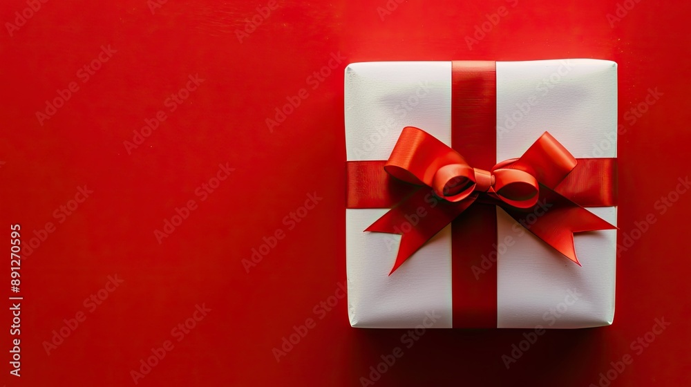 Close-up of a white gift adorned with red ribbon on a bright red backdrop Close-up of a white gift adorned with red ribbon on a bright red backdrop