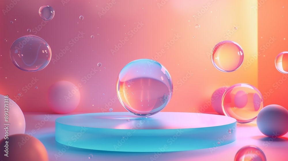 Product-focused 3D background featuring sleek podium and floating spheres for showcase designs Product-focused 3D background featuring sleek podium and floating spheres for showcase designs