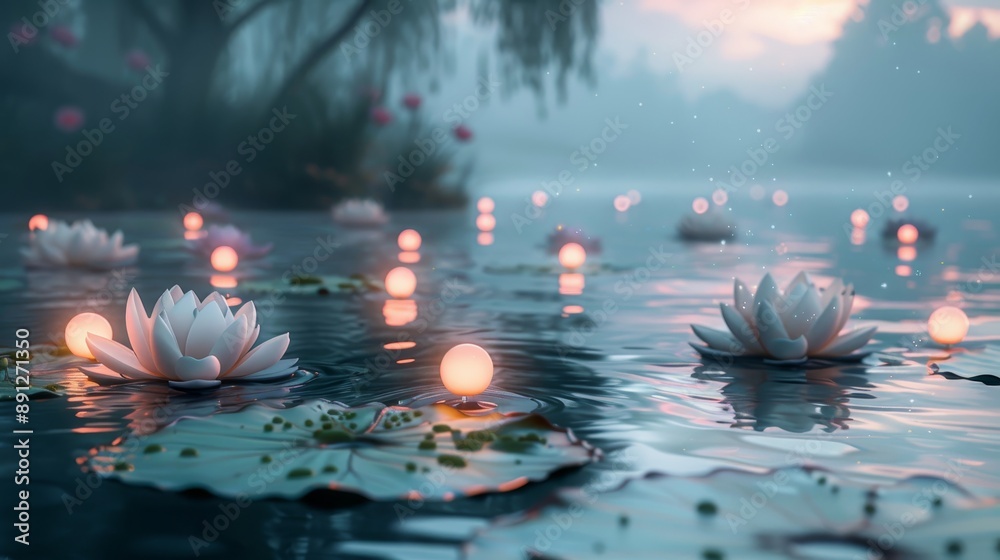 Serene background featuring a tranquil lake with floating lanterns and water lilies Serene background featuring a tranquil lake with floating lanterns and water lilies