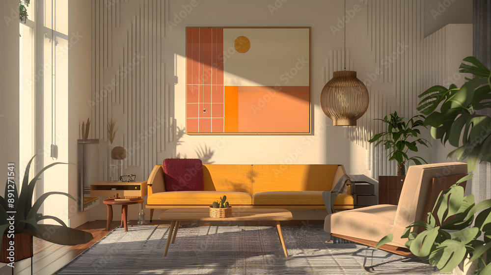 living room mock-up featuring sleek mid-century furniture, tasteful color accents, blank wall living room mock-up featuring sleek mid-century furniture, tasteful color accents, blank wall