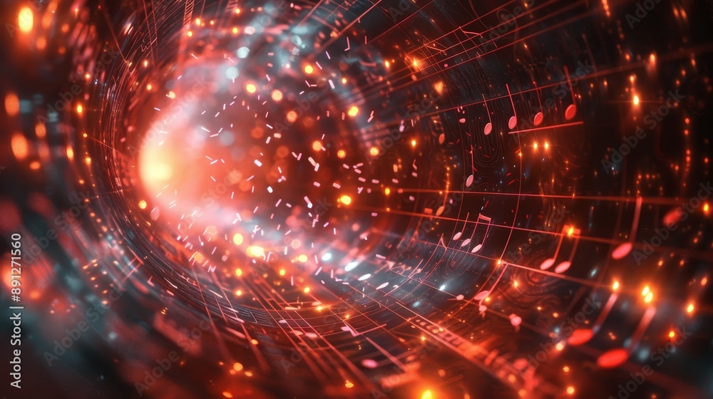 Abstract musical background with swirling notes and glowing lights in vibrant red Abstract musical background with swirling notes and glowing lights in vibrant red