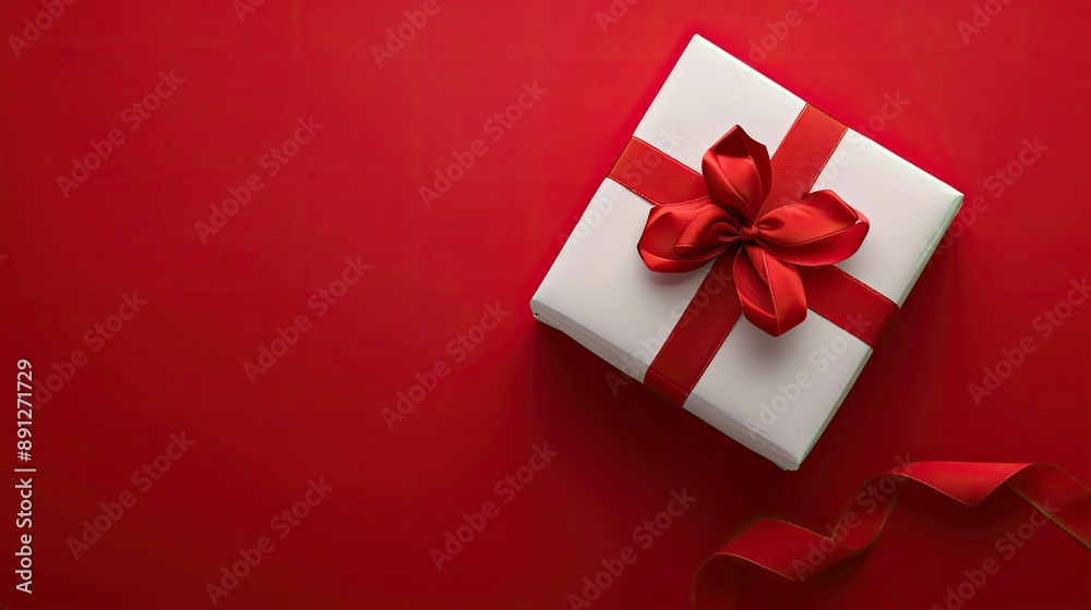 Elegant white gift box with red ribbon on a vivid red background Elegant white gift box with red ribbon on a vivid red background