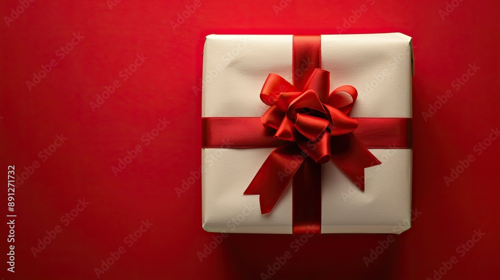 Elegant white gift with red ribbon on a vivid red backdrop, top view Elegant white gift with red ribbon on a vivid red backdrop, top view