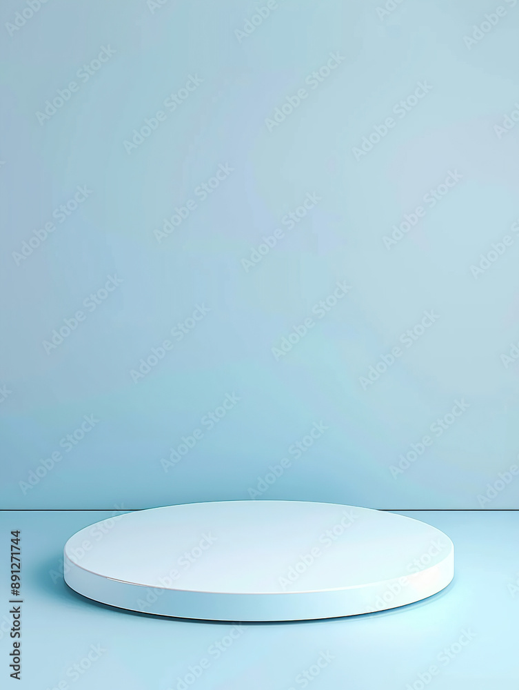3D render of a simple white round empty podium platform on a light blue pastel background 3D render of a simple white round empty podium platform on a light blue pastel background