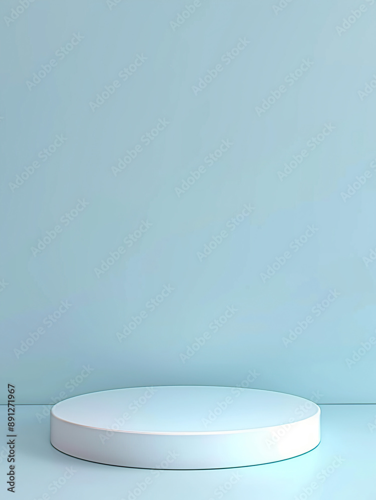 3D render of a simple white round empty podium platform on a light blue pastel background
