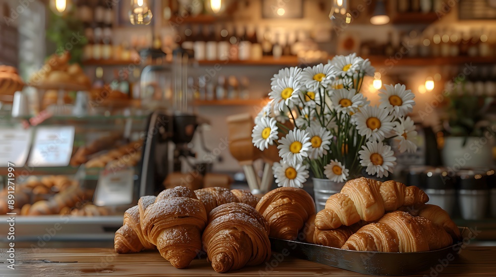 Warm Cafe with Fresh Croissants and Daisies in a Cozy Atmosphere Warm Cafe with Fresh Croissants and Daisies in a Cozy Atmosphere