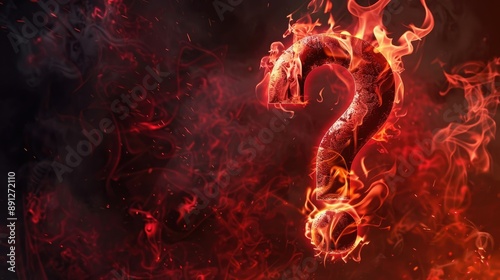 Fiery question mark "?" with flames, red smoke background, hot metal font on black