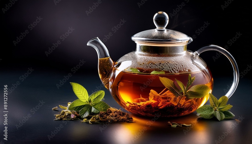 Serene Brew: Herbal Tea in a Glass Teapot on Dark Background Serene Brew: Herbal Tea in a Glass Teapot on Dark Background