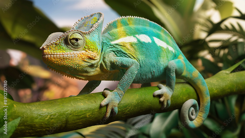 Side view of a colorful chameleon lizard on a branch Side view of a colorful chameleon lizard on a branch