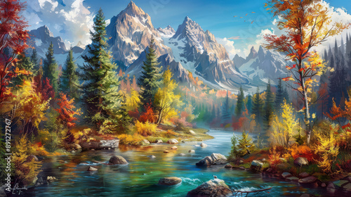 A painting of a serene landscape, with a river flowing through a dense forest, vibrant autumn colors