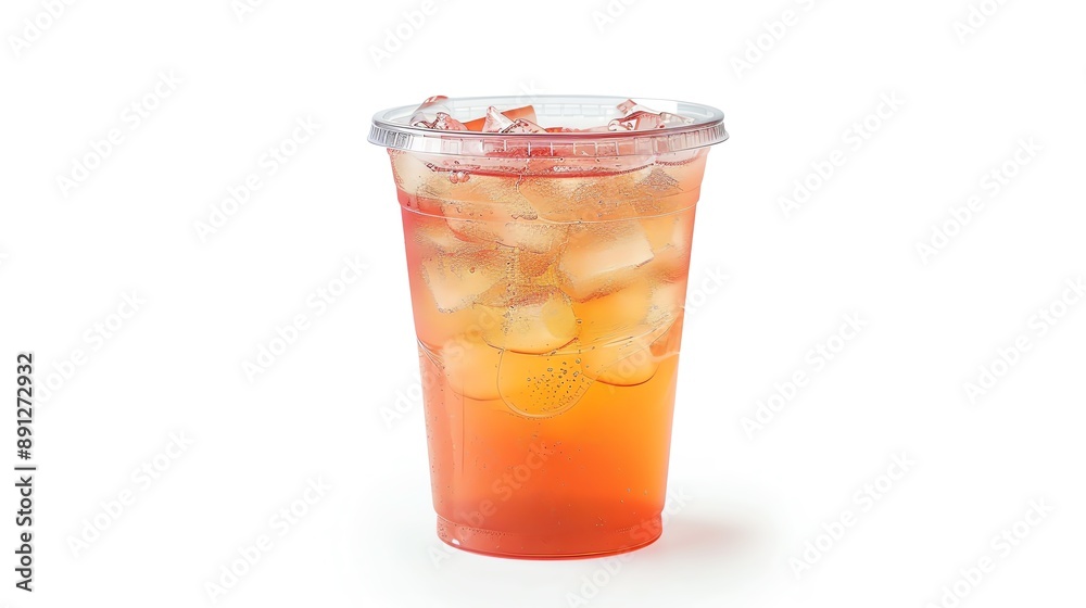 Clear plastic cup filled with Agua Fresca and a lid, isolated white background, studio light for focused advertising Clear plastic cup filled with Agua Fresca and a lid, isolated white background, studio light for focused advertising