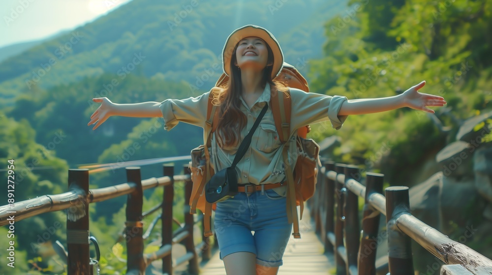 Fototapeta premium A woman hikes through a beautiful forest with a big smile on her face and arms open wide.