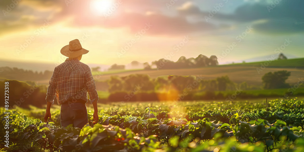 Fototapeta premium Cultivating American Prosperity: A farmer tending to a field of crops, with rolling hills and a bright sun in the background.