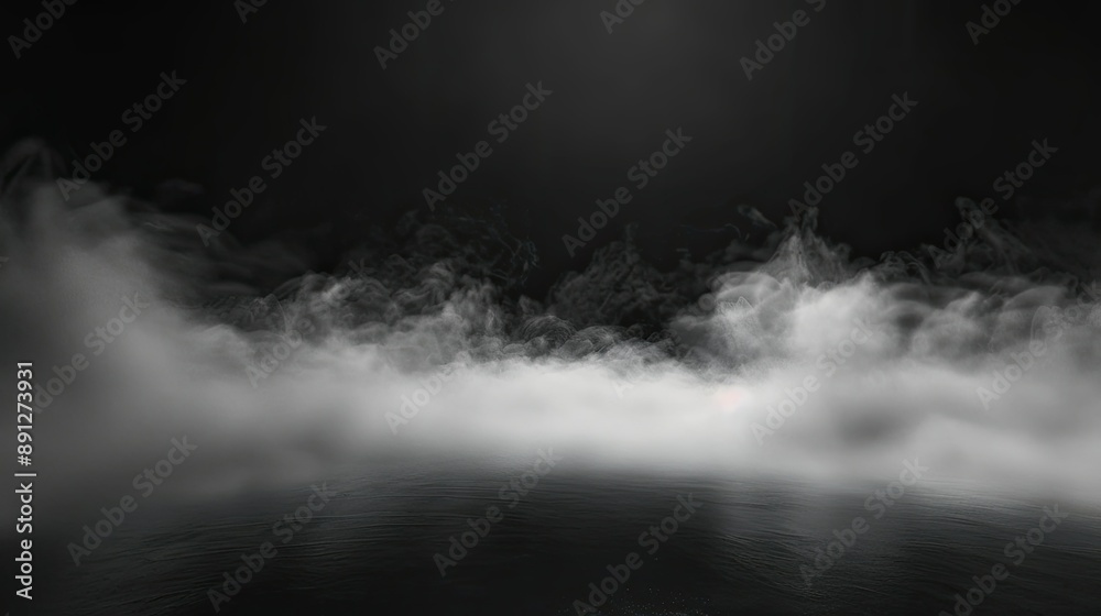 Panoramic view of thick fog moving across a black space, creating a haunting ambiance Panoramic view of thick fog moving across a black space, creating a haunting ambiance