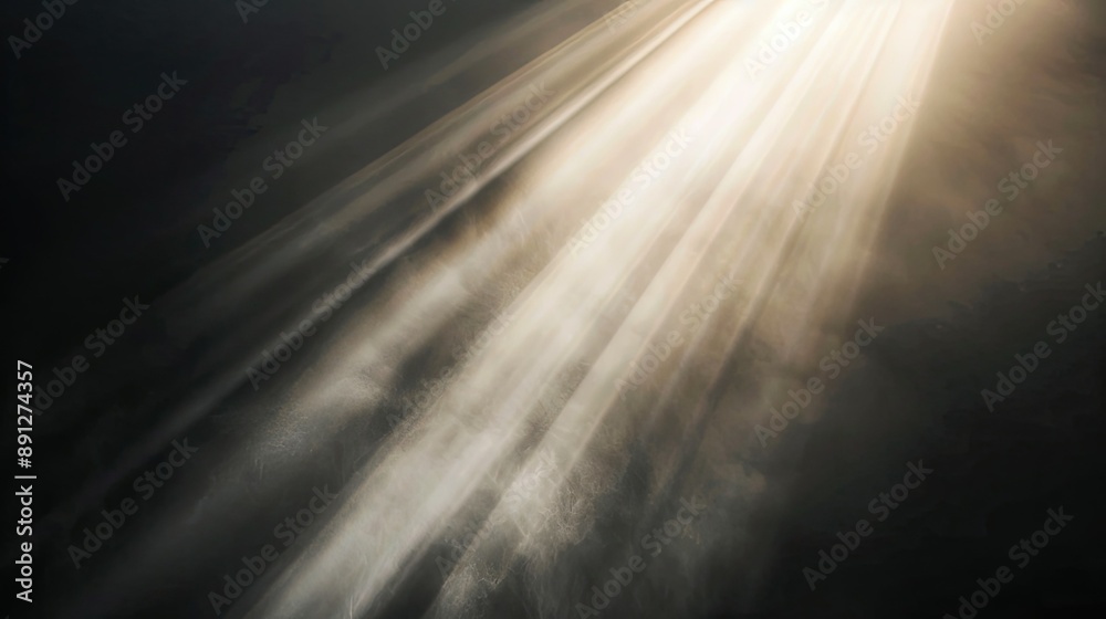 Radiant light beam shining through the blackness, close-up view Radiant light beam shining through the blackness, close-up view