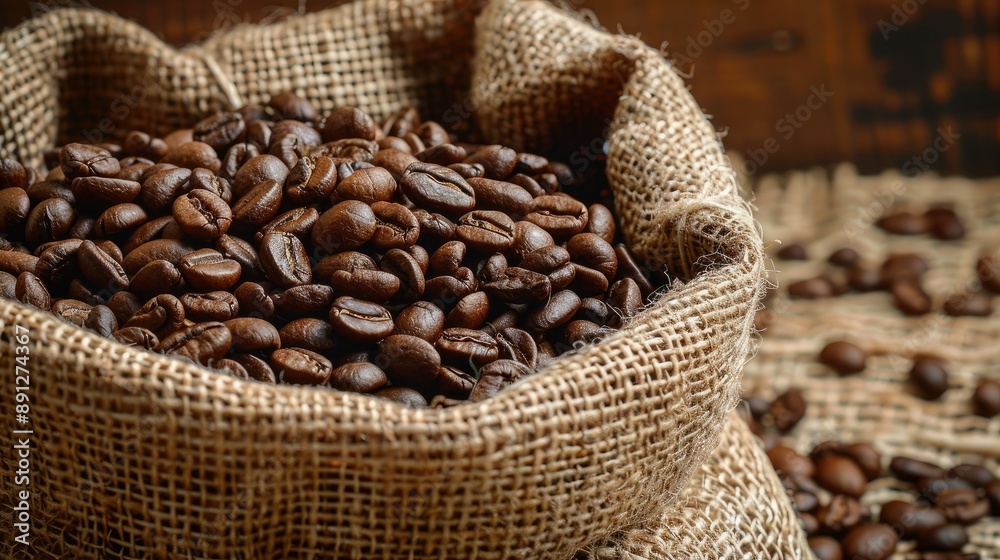 Rustic burlap bag containing smoky medium-roasted coffee beans, close-up Rustic burlap bag containing smoky medium-roasted coffee beans, close-up
