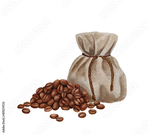 Watercolor pile of brown roasted coffee beans in bag spill on white background. Fresh and raw coffee beans in a rustic jute sack.