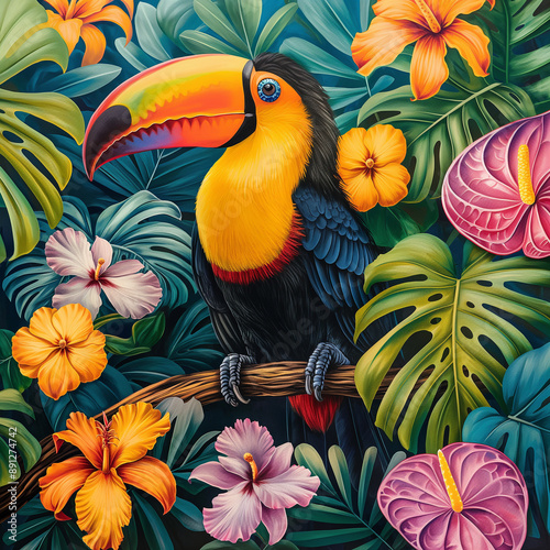  Painting colorful tropical  flowers with Knobbed ,Hornbills ,parrot sitting on a branch in the forest,tropical flowers, orchids, anthuriums and green leave,square  . photo