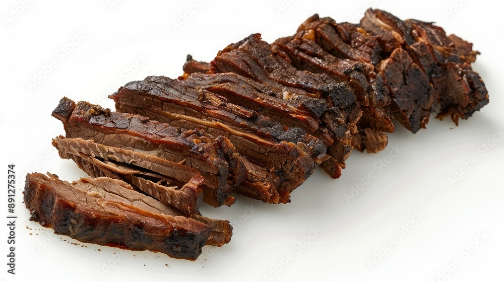 Tender smoked pork brisket, sliced and displayed on white background Tender smoked pork brisket, sliced and displayed on white background