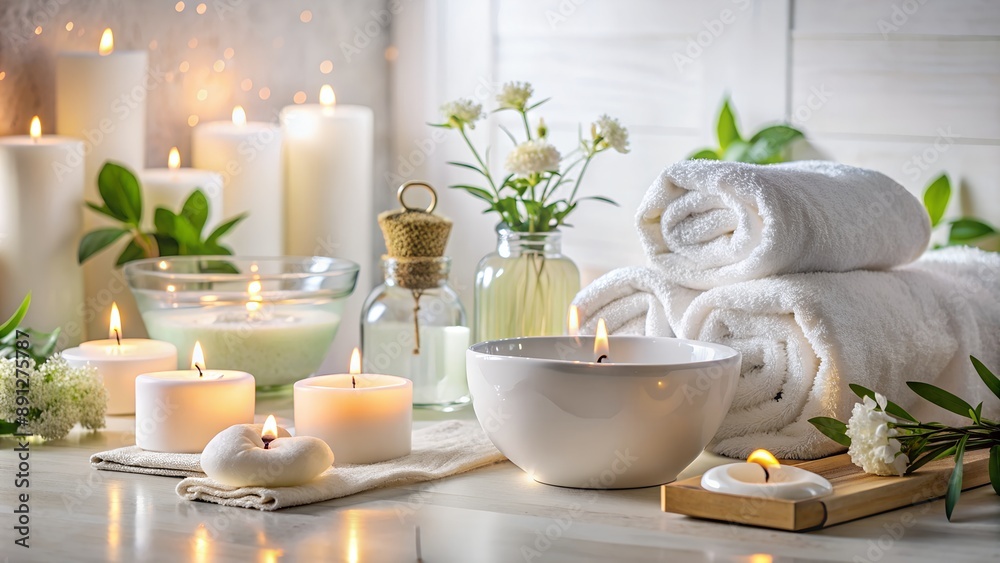 Preparing a relaxing wellness therapy session with candles and essential oils Preparing a relaxing wellness therapy session with candles and essential oils