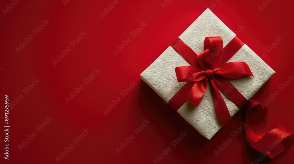 White gift box with a red ribbon on a rich red background, top view White gift box with a red ribbon on a rich red background, top view