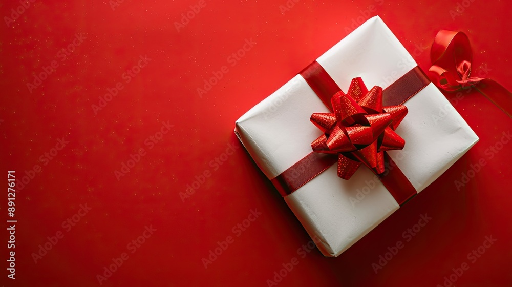 White present with red bow on a vibrant red background, top view White present with red bow on a vibrant red background, top view