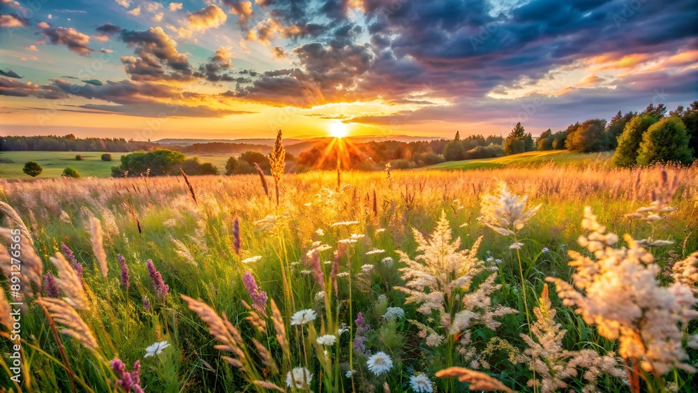 Fototapeta premium Golden sunset illuminating wildflower meadow in the countryside