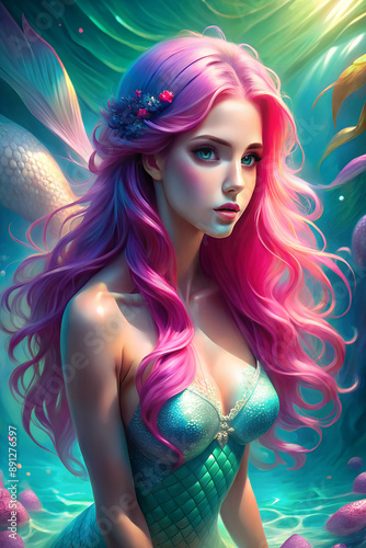 Beautiful mermaid, naiad with long pink hair underwater in the ocean