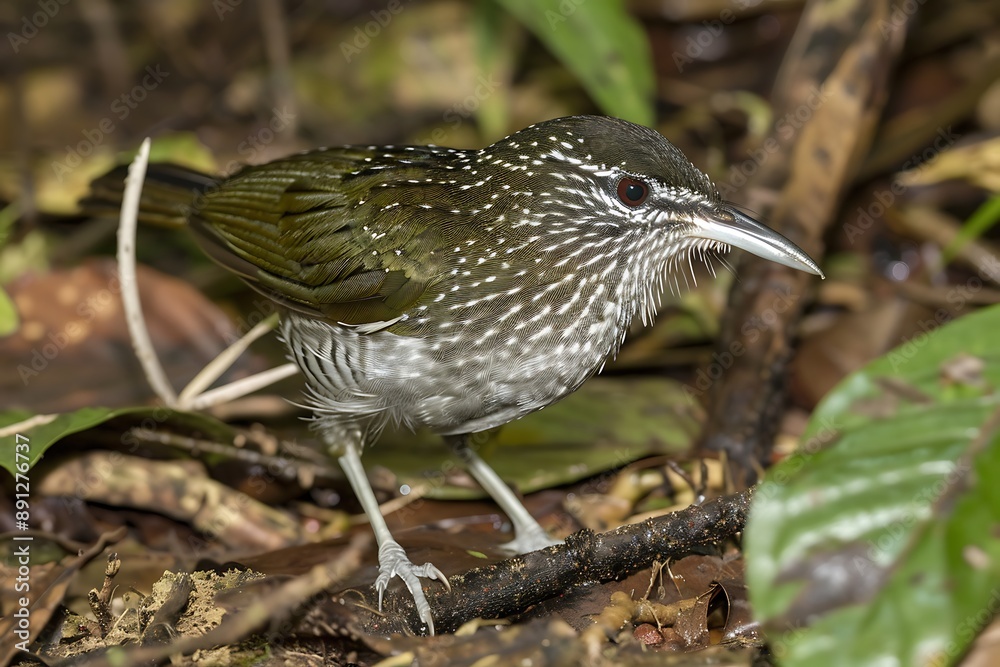 Fototapeta premium Plumbeous Antbird Myrmeciza hyperythra foraging on the forest floor in the Amazon rainforest also called Formigueiroplmbeo