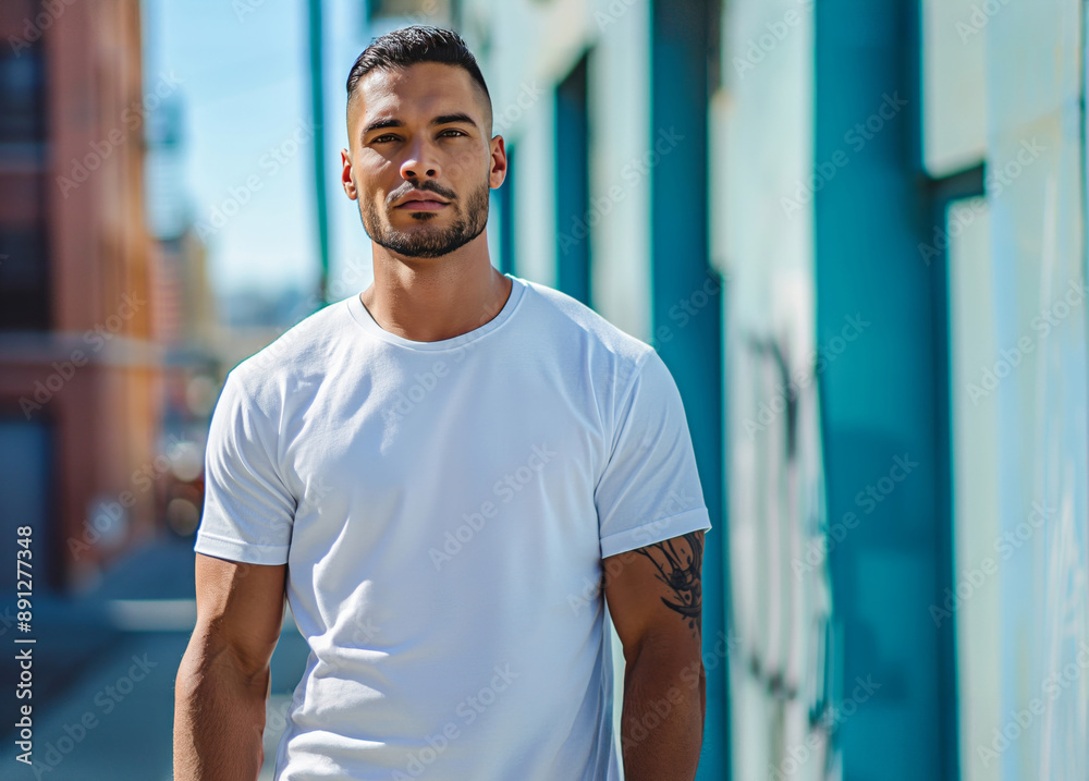 An attractive male model showcases a plain white mockup t-shirt in a professional photo shoot, striking a pose against a backdrop of a vibrant city skyline framed by a crisp blue wall. An attractive male model showcases a plain white mockup t-shirt in a professional photo shoot, striking a pose against a backdrop of a vibrant city skyline framed by a crisp blue wall.