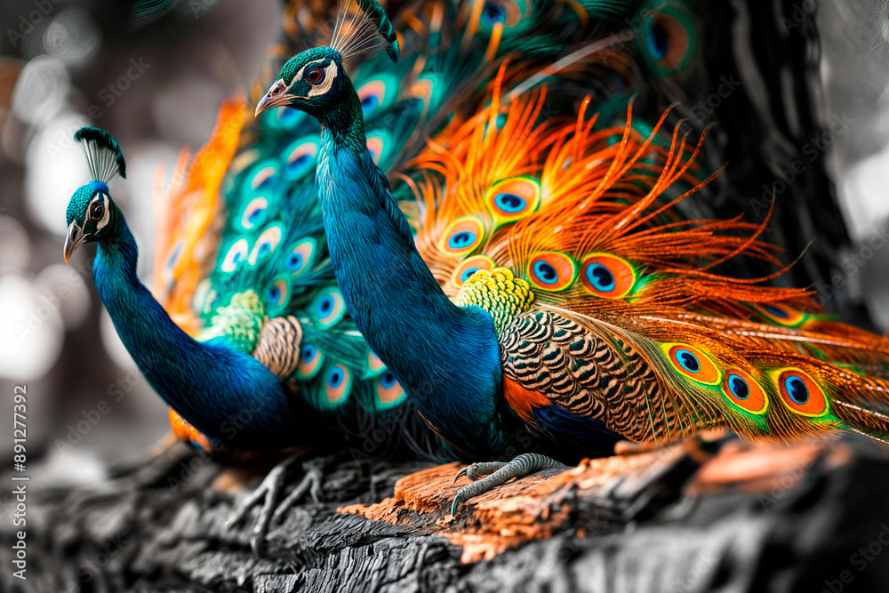 Obraz premium Beautiful colorful two peacocks on a dark background, peacock