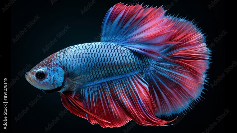 Close-up photo of a vibrant, colorful Betta fish with blue and red fins on a dark background, showcasing its intricate details and beauty. Close-up photo of a vibrant, colorful Betta fish with blue and red fins on a dark background, showcasing its intricate details and beauty.